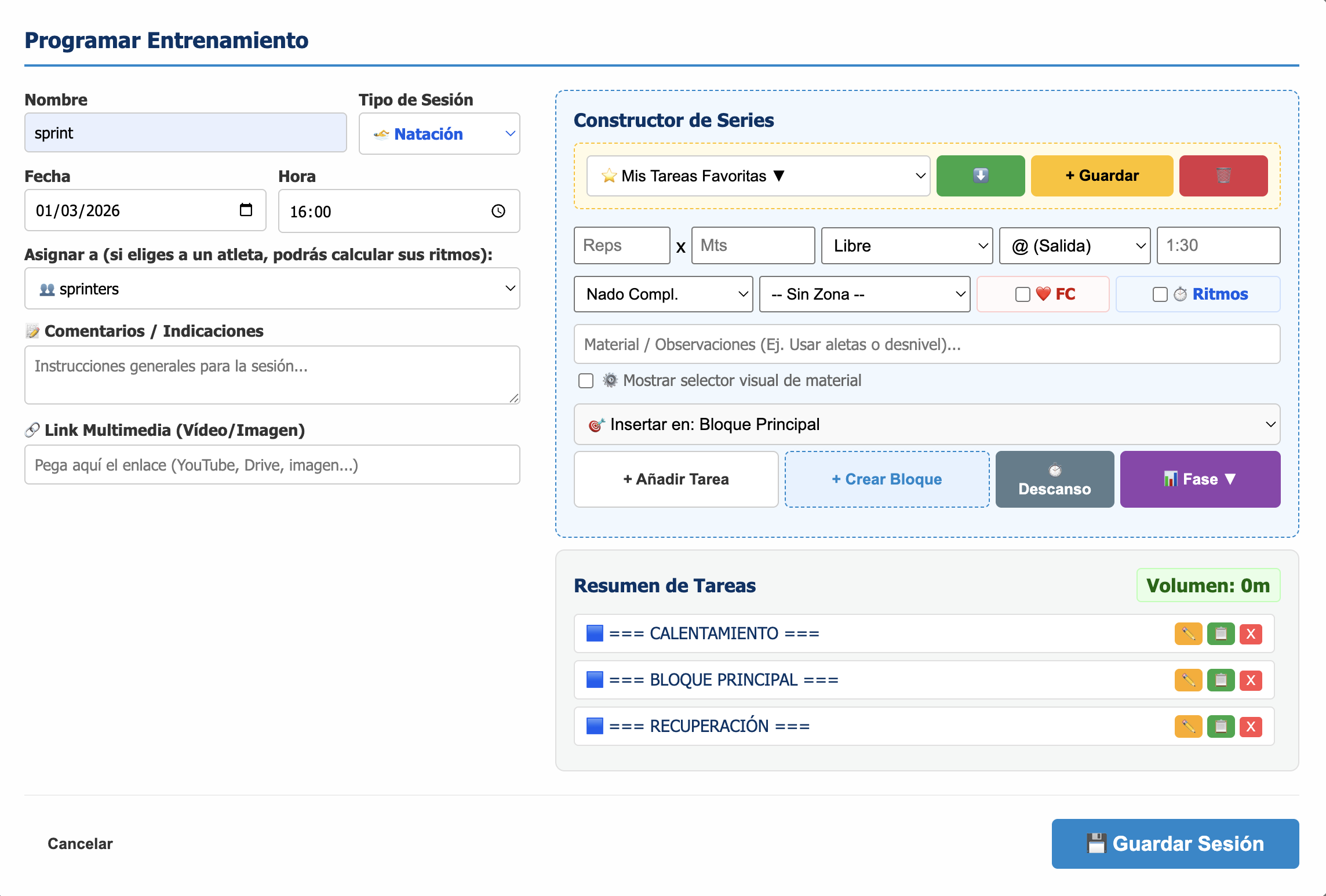 Creador de sesiones de Swimtific
